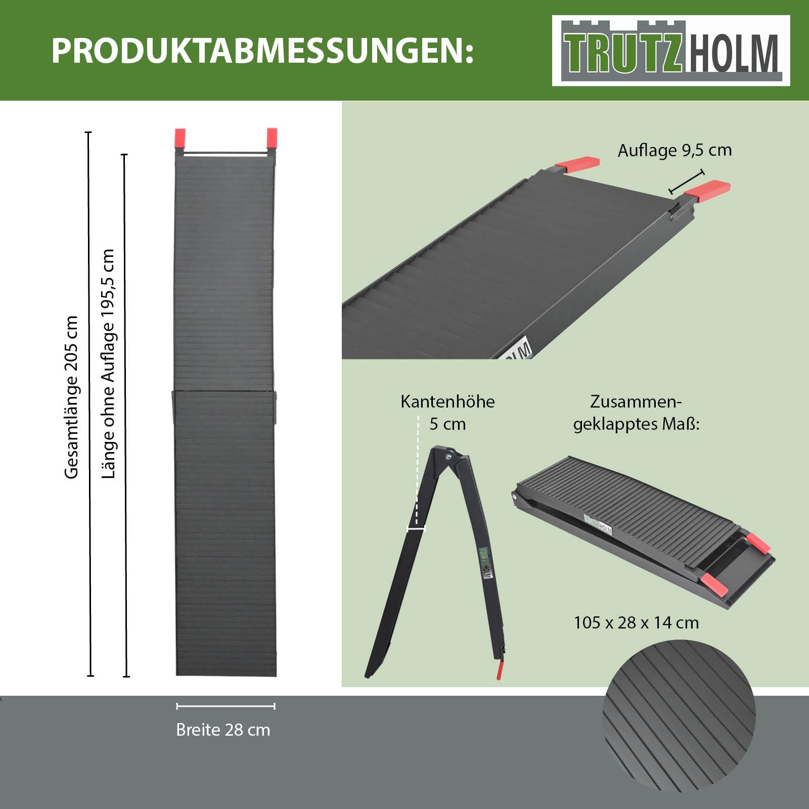 TRUTZHOLM 2X Auffahrrampe klappbar Aluminium Gesamtlänge 205 cm Traglast 680 kg geriffelte Oberfläche gummierte Auflage Rampe Motorradrampe Verladerampe inkl. 2X Spanngurt in schwarz