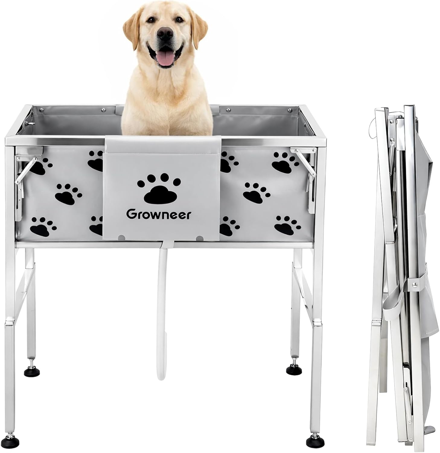 GROWNEER Foldable Dog Bath Tub,300LB Portable Pet Grooming Tub with Stainless Steel Frame, Elevated Dog Washing Station for Small to Medium Dogs and Cats, Indoor Outdoor Use
