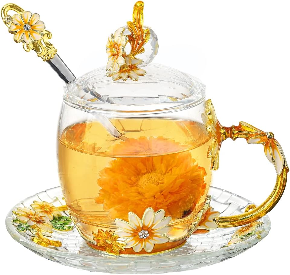Gift for Women Christmas Birthday Mother's Day Glass Tea Cup with Lid Cute Coffee Mug Daisy Flower Vintage (11oz YellowDaisy)