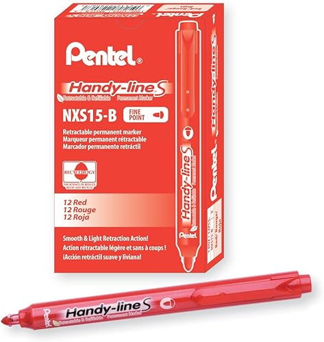 Pentel Handy-line S - Marcador permanente retráctil y recargable, barril rojo, tinta roja, caja de 12 unidades (NXS15-B)