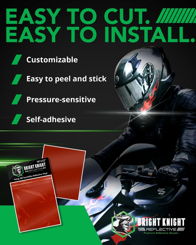 Image of Bright Knight Decals Red 3M Reflective Tape - 10x12 Flat Sheet Vinyl Motorcycle Helmet Stickers, Waterproof Safety Vinyl Wrap, Reflective Stickers for Helmet, Hard Hats, Cars, Bikes & Rims