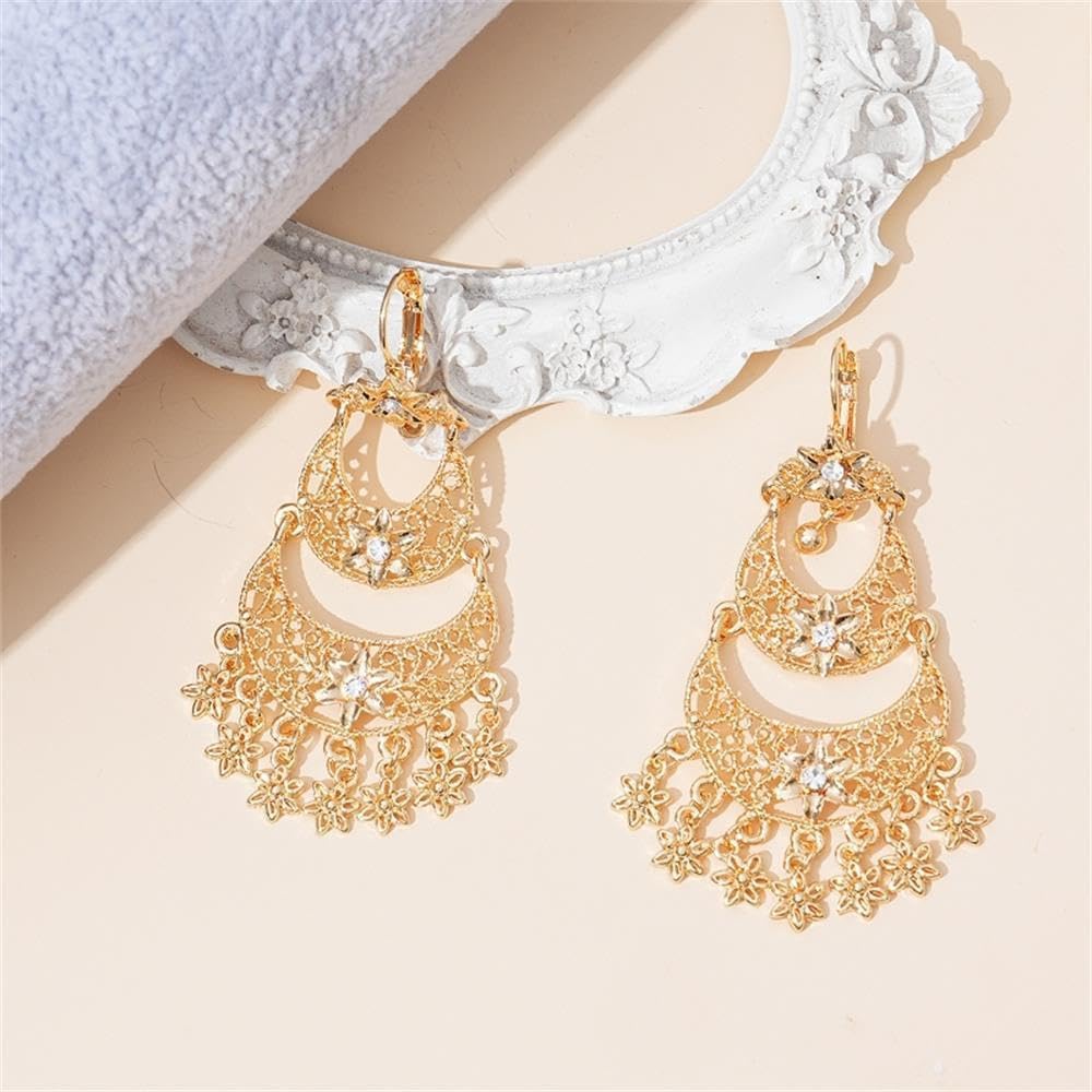 Boho Flower Tassel Statement Dangle Hoop Earrings for Women Crystal Chandelier Drop Dangling Earring Indian Bollywood Jewelry Gift for Jhumka Festival Holiday Christmas Wedding Party - Image 6