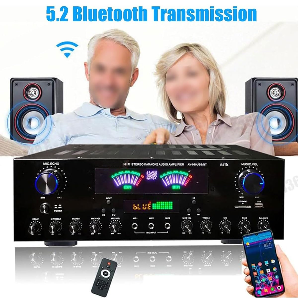 7-kanałowy wzmacniacz stereo Bluetooth 5.2, profesjonalny stereofoniczny wzmacniacz audio z pilotem, amplituner HiFi AV z obsługą FM/USB/SD, do kina domowego i systemu karaoke