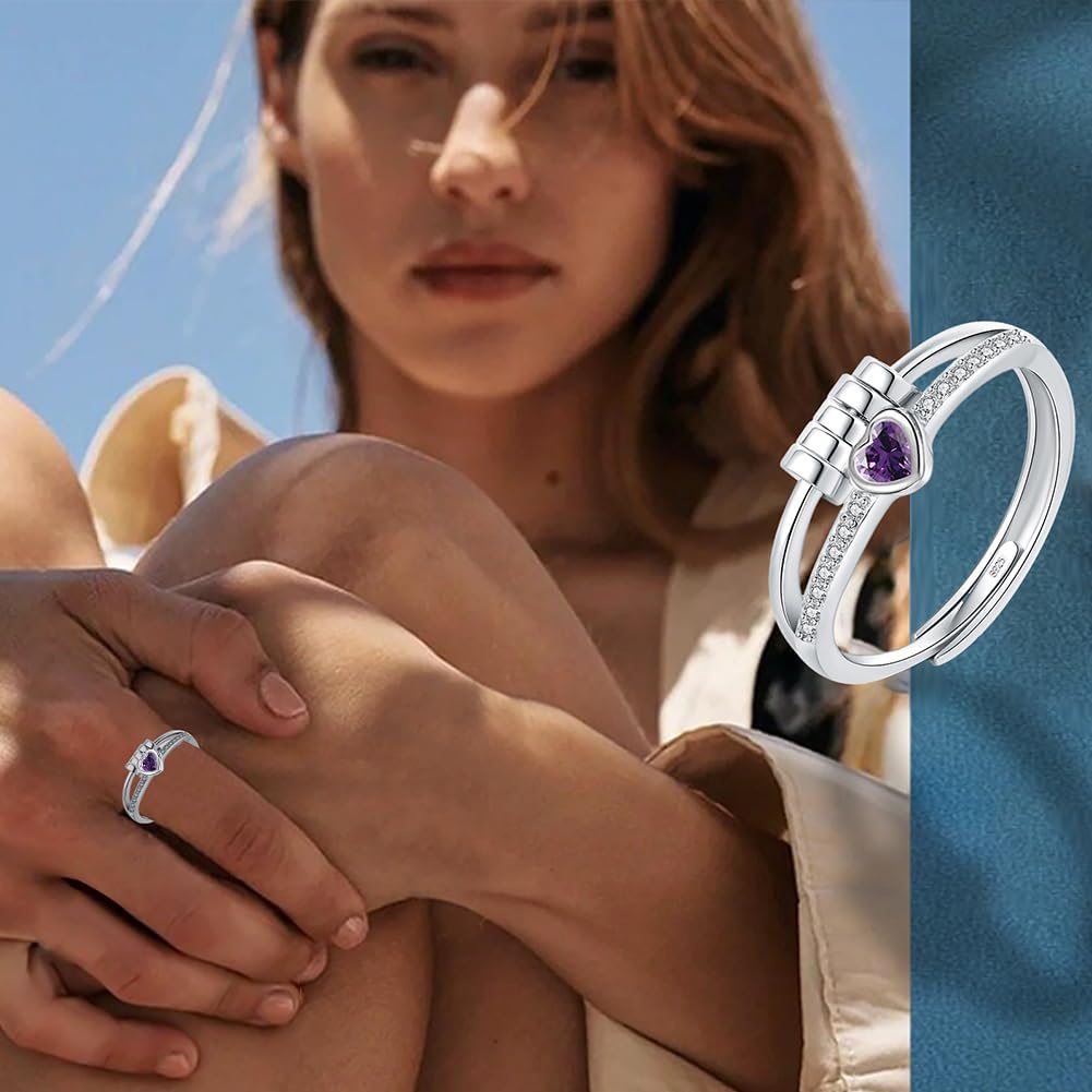 Birthstone Rings for Women,Dainty Sterling Silver Gold Plated Fidget Rings,Anxiety Heart Ring,Adjustable Spinner Birthstone Ring for Women,Birthday Christmas Gifts for Wife Daughter Sister - Image 7