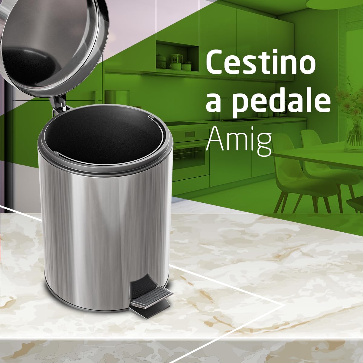 Cestino Spazzatura Con Pedale 5L Acciaio Inossidabile - Antimpronta, Satinato, AMIG - Foto 4