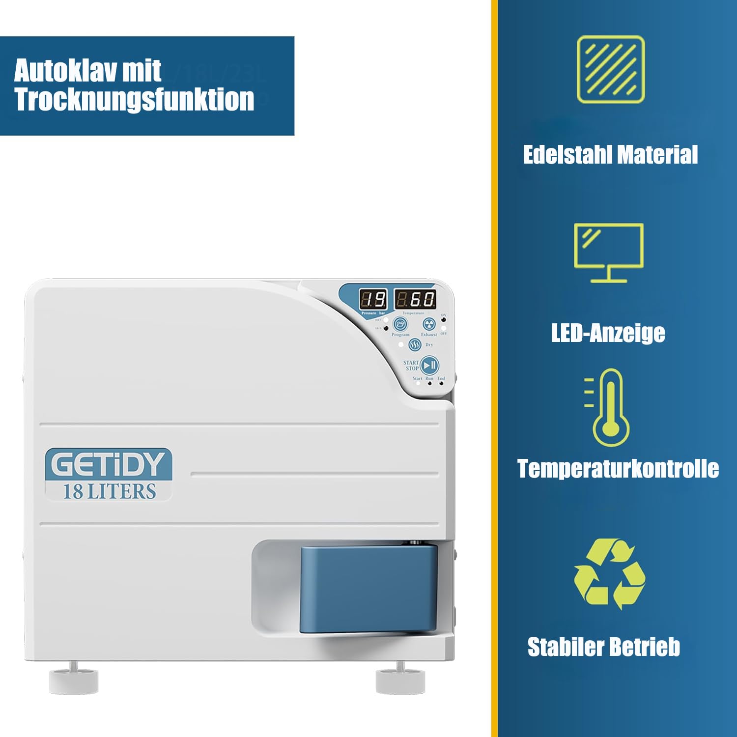 16L / 18L / 23L Autoklav Hochdruckdampf mit Trocknungsfunktion, Digitale LED-Anzeige, Dual-Control-Türsperre, Laborausrüstung aus Edelstahl (16L)