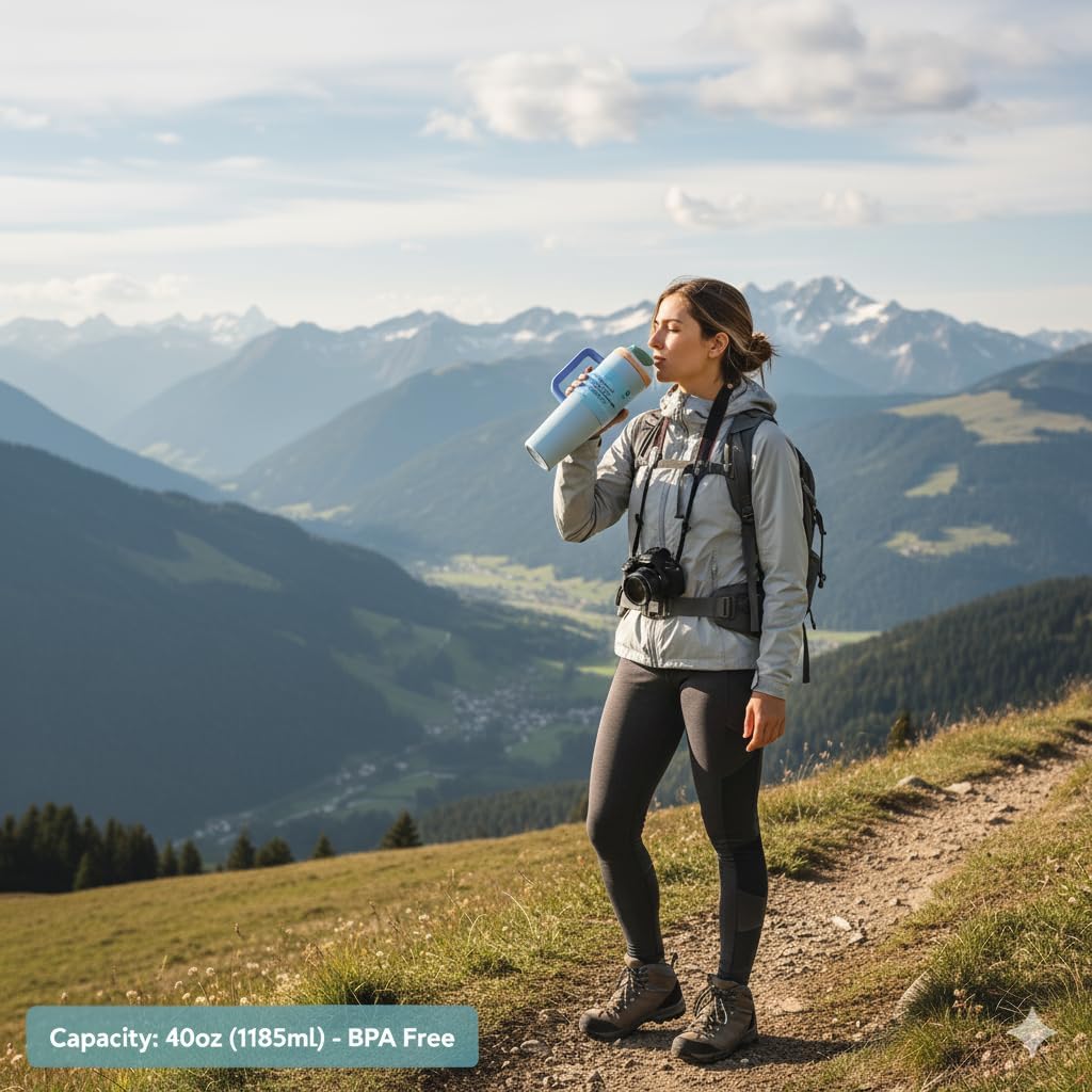 Insulated Stainless Steel 40oz Tumbler with Handle & Built-In Flip Straw | Leak-Proof, BPA-Free Water Bottle for School, Sports & Travel (light blue) - Image 7