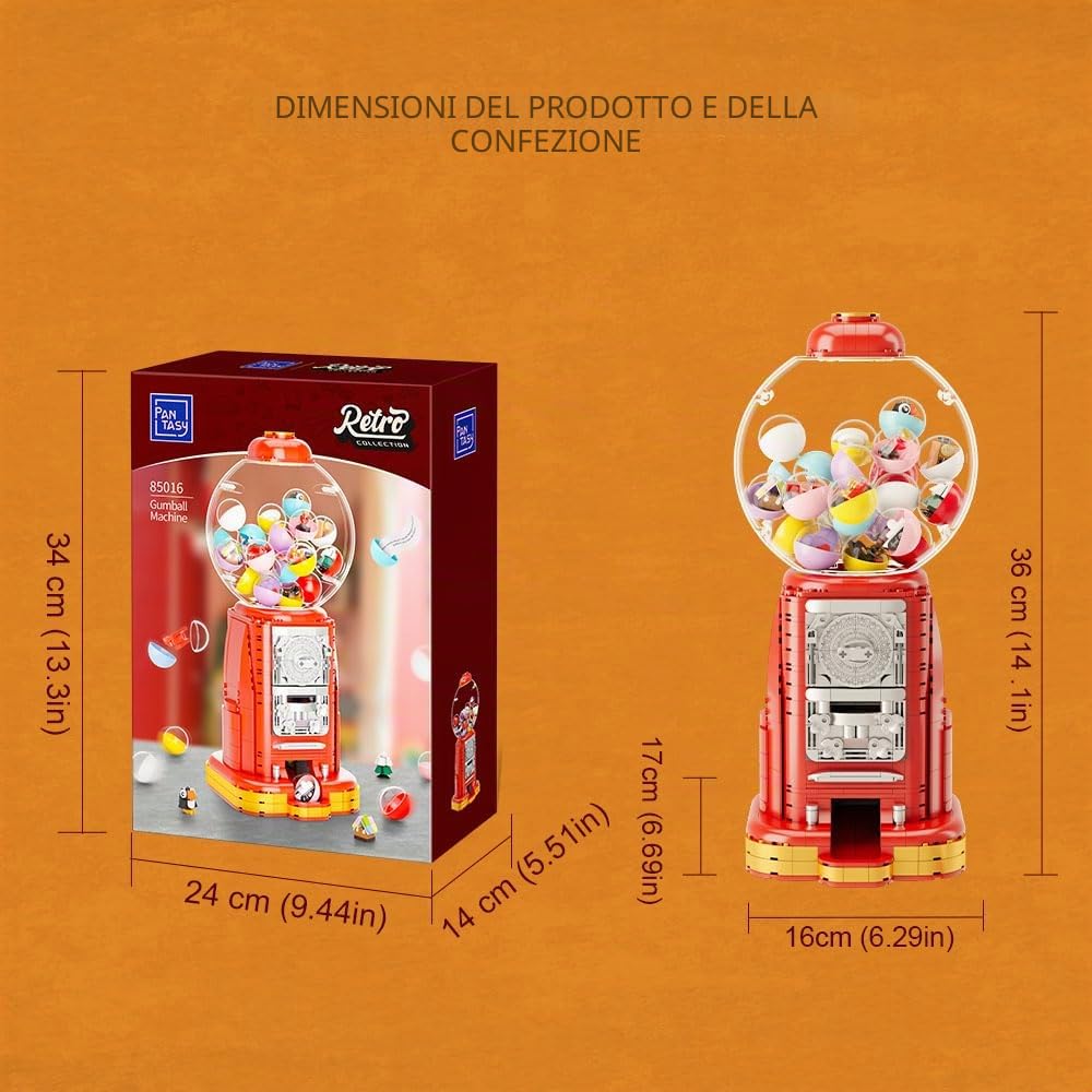 Pantasy Retrò Set di Mattoncini per la Costruzione di una Macchina Distributrice di Gomme da Masticare, con 12 Micro Mattoncini e 12 Biglietti Fortunati per un Gioco Multiplo da Scrivania