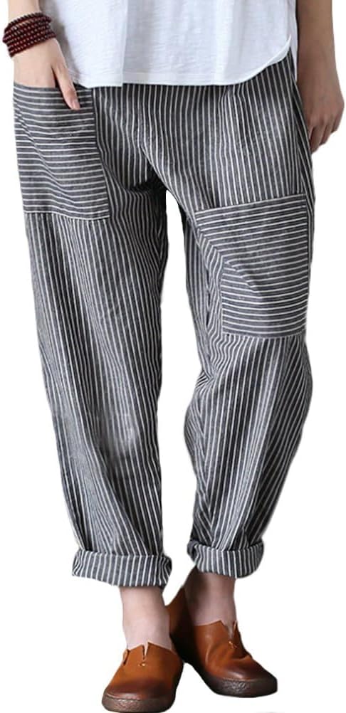 MinibeeWomen's Wide Leg Harem Pants Cotton Linen Striped Casual Palazzo Pants with Pockets
