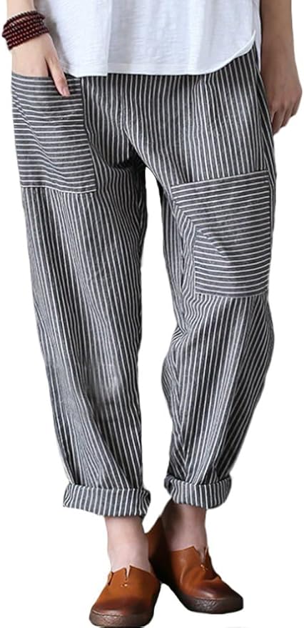 ZAFUL Women Linen Pants Wide Leg Casual Palazzo Pants Striped Casual Drawstring Elastic Waisted Lounge Trousers with Pockets-AMZ main image 0
