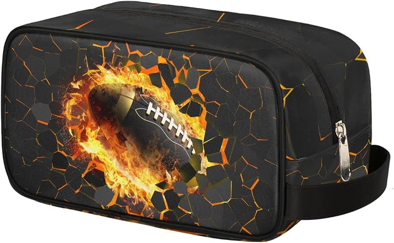 Kids Travel Toiletry Bag - Yellow Fire Football Waterproof Hanging Cosmetic Hygiene Bags for Boys Men - Large Shave Kit for Toiletries Accessories Bathroom Stuff