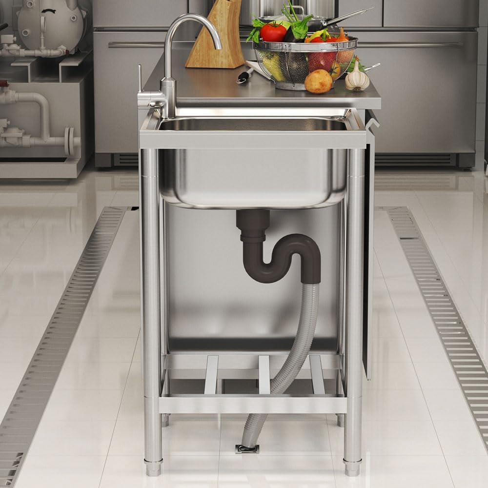 Freistehende Spüle Edelstahl Spültisch mit 43×33×18 cm Becken – Outdoor Waschbecken für Küche, Garten (Edelstahl Silber, 80 cm x 50 cm x 40 cm)