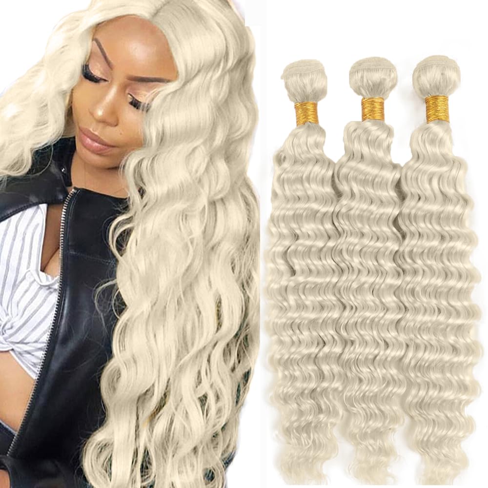 Hxxcoup Water Wave Human Hair Bundles #88 Platinum Blonde Color Soft Texture 3 Bundles Total 300g Unprocessed Virgin Human Hair Extensions For Woman 18 20 22 Inch