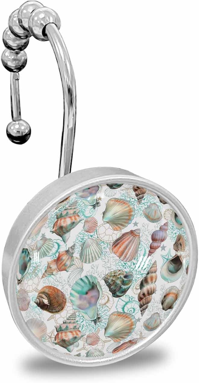 Shower Curtain Hooks 12 Pcs, Summer Ocean Retro Marine Shell Coral Starfish Stainless Steel Rust Proof Rolling Shower Curtain Rings, Decorative Shower Curtain Hooks Hangers for Bathroom