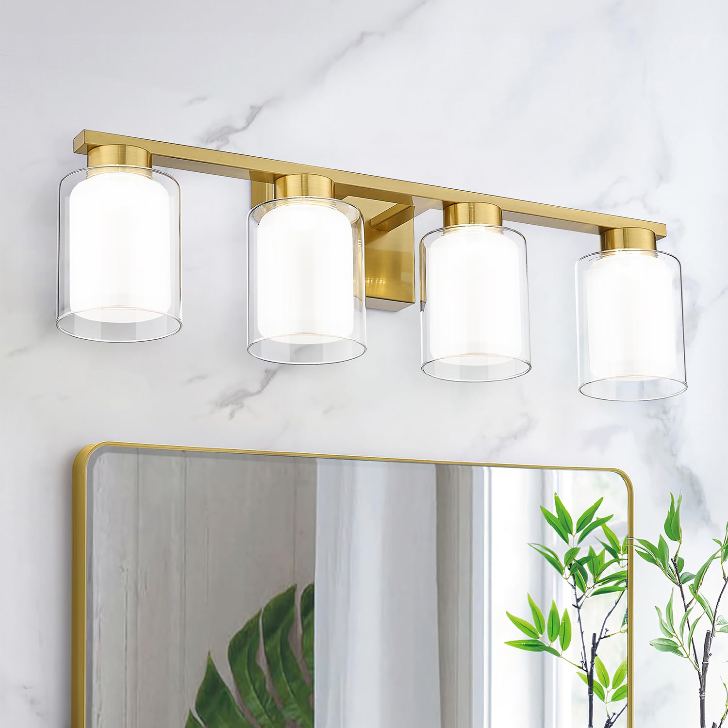 kudos Brushed Gold Vanity Light, 4-Light LED Bathroom Light Fixtures, Modern Vanity Lights for Bathroom with Clear Glass and Frosted Glass, 3000K/4000K/5000K Adjustable, KDVL04-GD-4