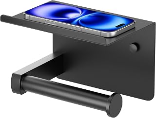 FORIOUS Toilet Paper Holder with Shelf, Adhesive or Screw, Commercial | Matte Black | Wall Mount Bathroom Tissue Holder | SUS304 Stainless Steel Rustproof | Bathroom Tissue Roll Holder