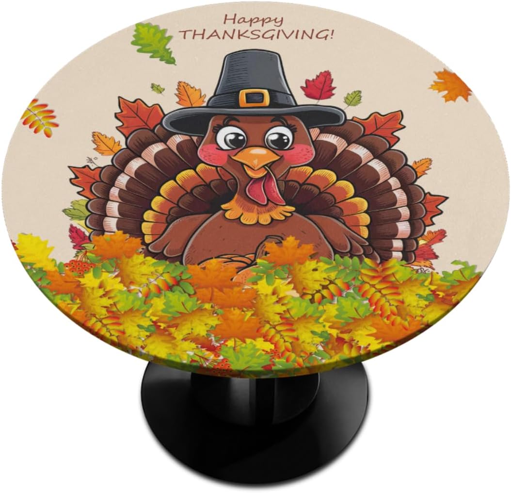 Round Tablecloth with Elastic Edge Leaves Turkey Thanksgiving Fitted Circle Table Cover Wipeable Round Table Cloth for Indoor Outdoor Patio Dining Kitchen Festival Decor Gift for 45-50inch Tables