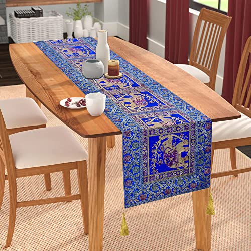 Image of E-EZRA Decorative Dining Table Runner Silk Runners Ends Tassels on Both Sides Banarasi Brocade Silk Tablecloth Decorative 6 Seater Runner Long Size 16x60 Inch (Royal Blue)