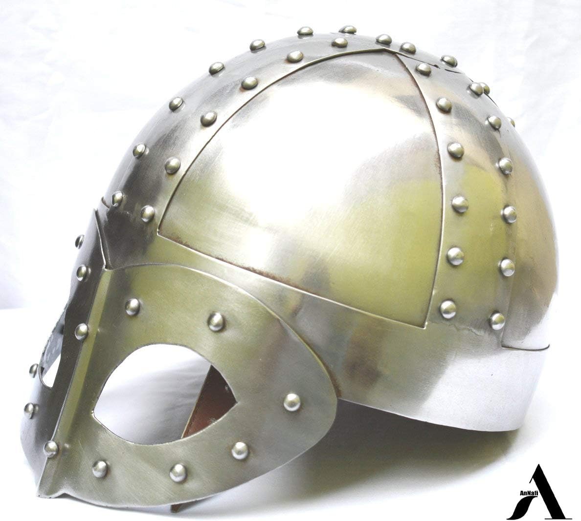 Annafi® Medieval Viking Mask Deluxe Helmet with Liner & Chin Strap| Antique Premium Quality Soldier Helm Adult for Men | Silver Armor Helm High Quality Armour Replica Helmets SCA Cosplay Reenactment