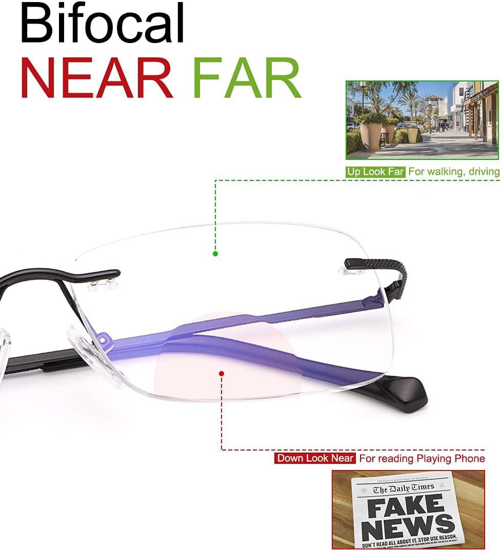 Rimless Bifocal Reading Glasses Transition Photochromic UV400 Protection Sun Readers Titanium Eyewear for Men