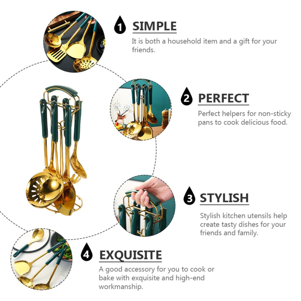 SHINEOFI Juego de Utensilios de Cocina 7 Piezas de Acero Inoxidable Mango de Cerámica Resistentes al Calor, Perfectos para Cocinar en Casa y Sartén Antiadherente