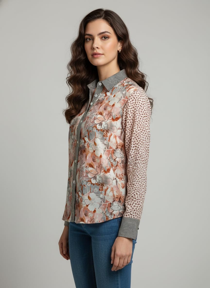 ANNI Designer Bedrucktes Damenhemd aus Baumwollmischgewebe, langärmelig, normale Passform, Kragen, legere Bürokleidung, elegante Western-Kleidung für den Alltag, Hochzeit, Party