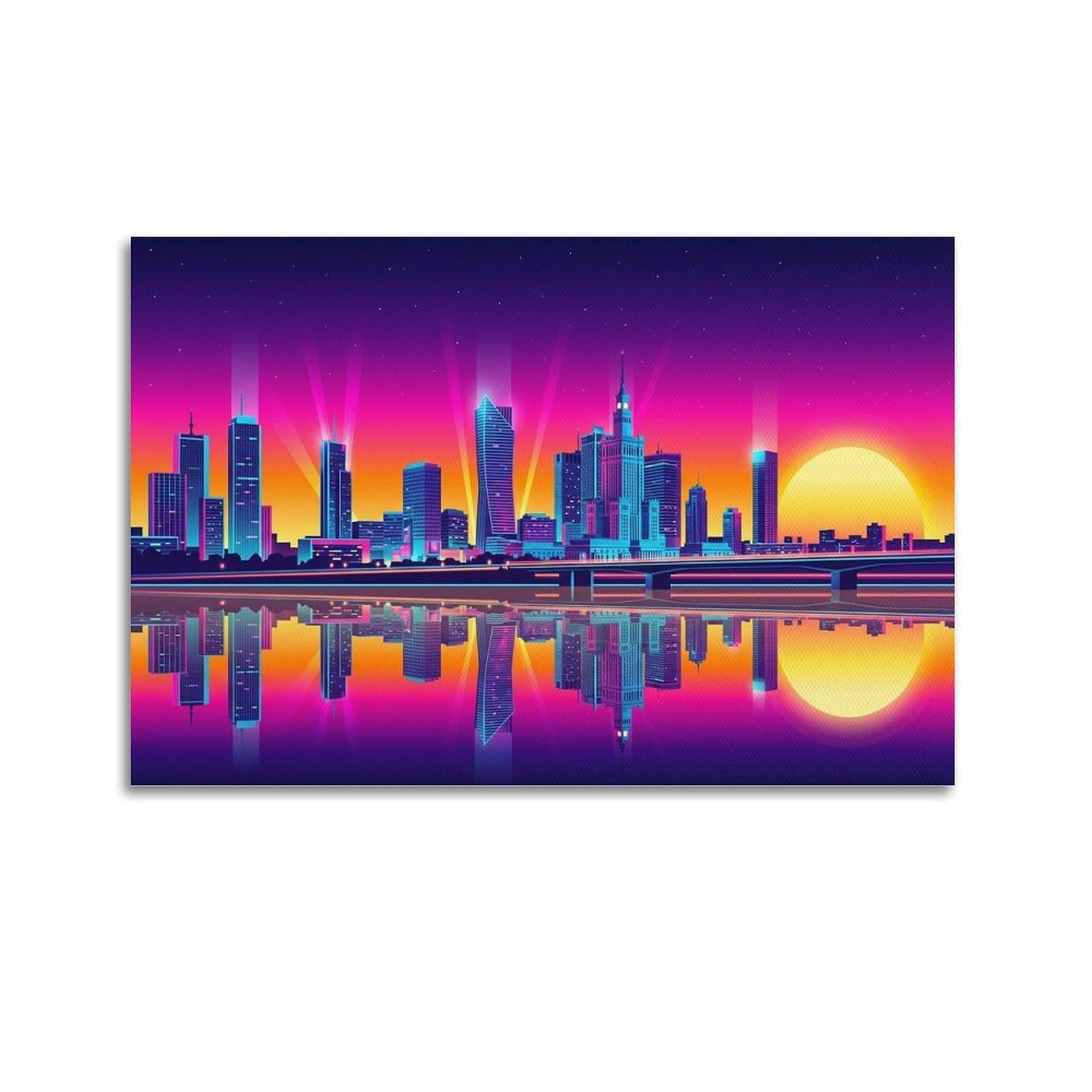 XKUGA Warsaw Vistula River Synthwave Travel Poster Modern Decorative Canvas Prints - Ideal Wall Art for Family, Man Cave, Game Room, Boys & Girls Bedroom 24x36inch(60x90cm)