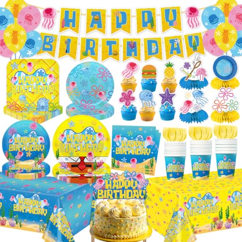 Ocean Themed Birthday Party Decorations 132pcs Under the Sea Birthday Supplies Include Banner Plates Napkins Cups Forks Tablecloths Balloons Cake Toppers and Honeycomb Centerpieces for Party Decor