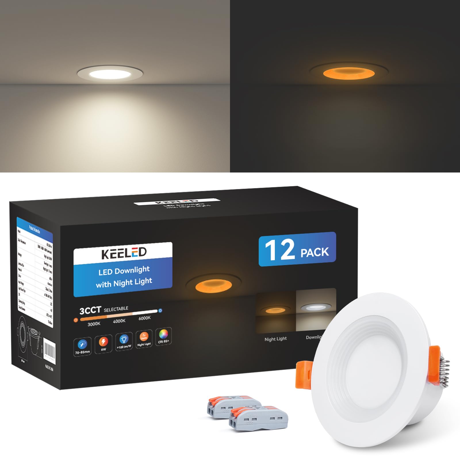 KEELED Einbaustrahler LED 6W, mit Nachtlicht 1.5W, LED Spots 230v, 3000K/4000K/6000K Wählbar, Schnittloch 70-85mm, IP44, Gehäuse aus Aluminiumdruckguss, 12er Set