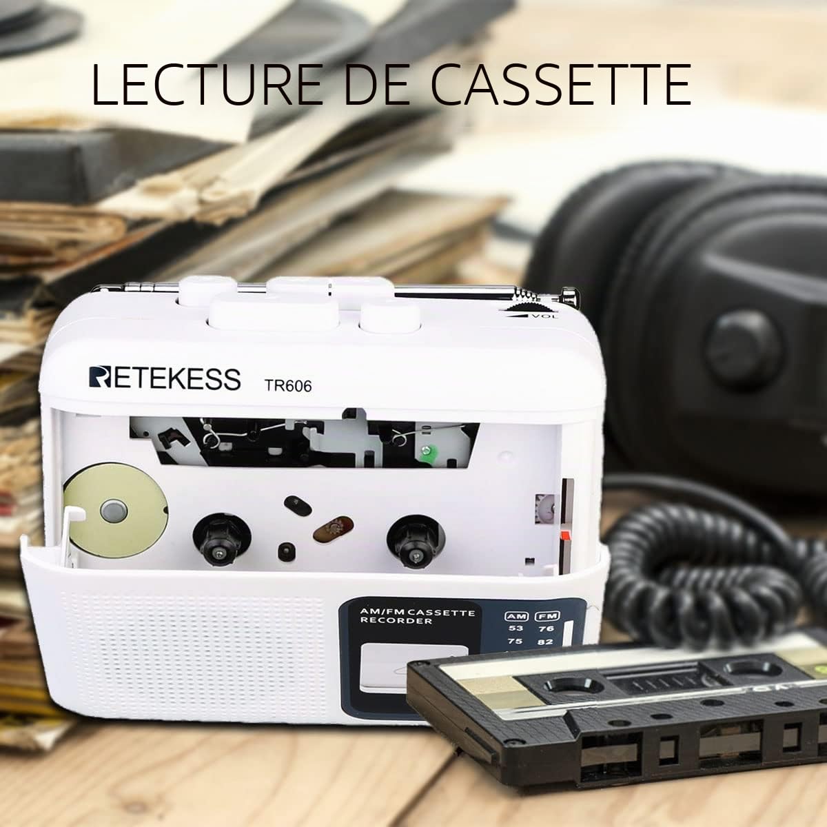 Retekess TR606 Radio Cassette Portable et Enregistreur, Poste Radio FM AM, Enregistreur à Cassette, Prise Casque 3,5mm, Avance et Retour Rapides, Cadeaux Entre Amis(Blanc)