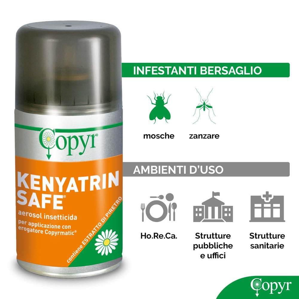 Copyr Kenyatrin Safe e Copyrmatic Evolution Night & Day - Insetticida Antizanzare, Mosche e Insetti Volanti, 6 Bombole 250ml + Erogatore Automatico, Piretro Insetticida Biologico e Repellente Zanzare