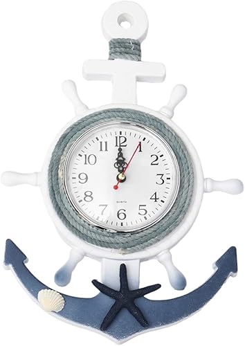WINOMO Reloj de pared con ancla de barco, estilo mediterráneo, con temática náutica, reloj de pared silencioso, decoración colgante para sala de