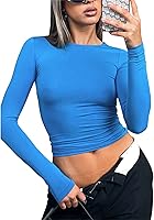 Vista 35 de Blusa corta básica casual para mujer, ajustada, manga larga, cuello redondo, color sólido, para otoño, camiseta ajustada Gris claro