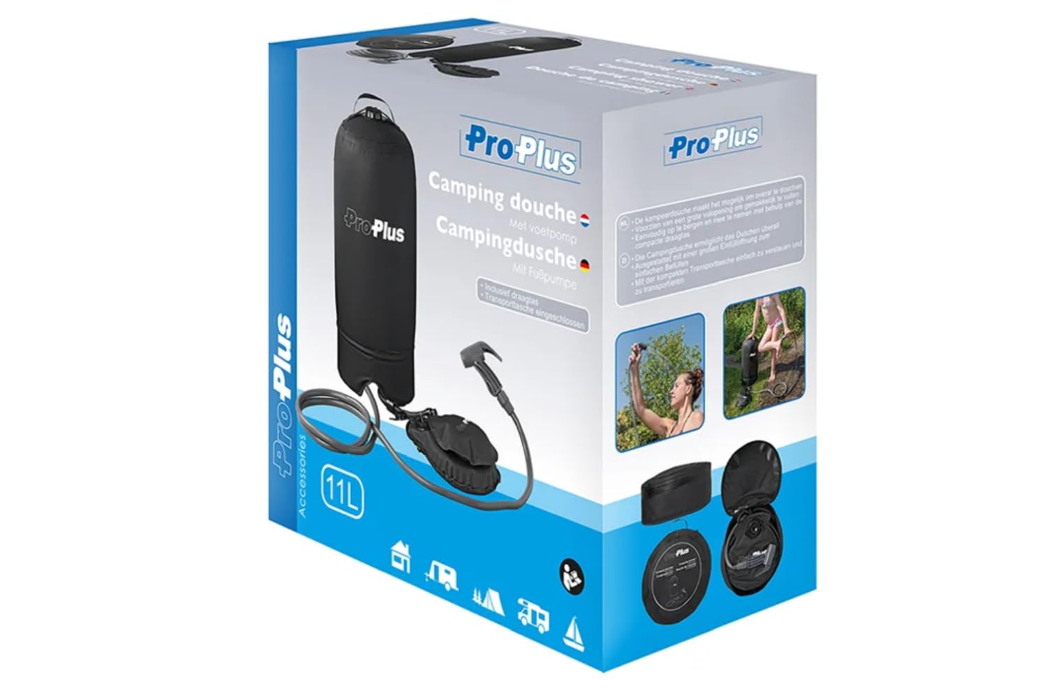 ProPlus Douche de Camping 11 L – Douche Portable à Pression pour Camping Plage et Voyage – Pompe à Pied et Sac de Transport Inclus – Noir | Réservoir compact de 11 l avec sac de transport. Idéal pour le camping, le bivouac, rincer le chien ou nettoyer le
