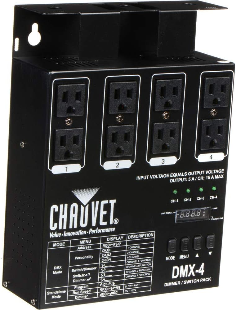 CHAUVET DJ DMX-4LED 4-Channel Dimmer Pack with 50' DMX Cable, Indoor Use, LED Light Source, 4 Channels, 15A Max, Black, Standalone Box, Lighting Controller, Dimmer Pack
