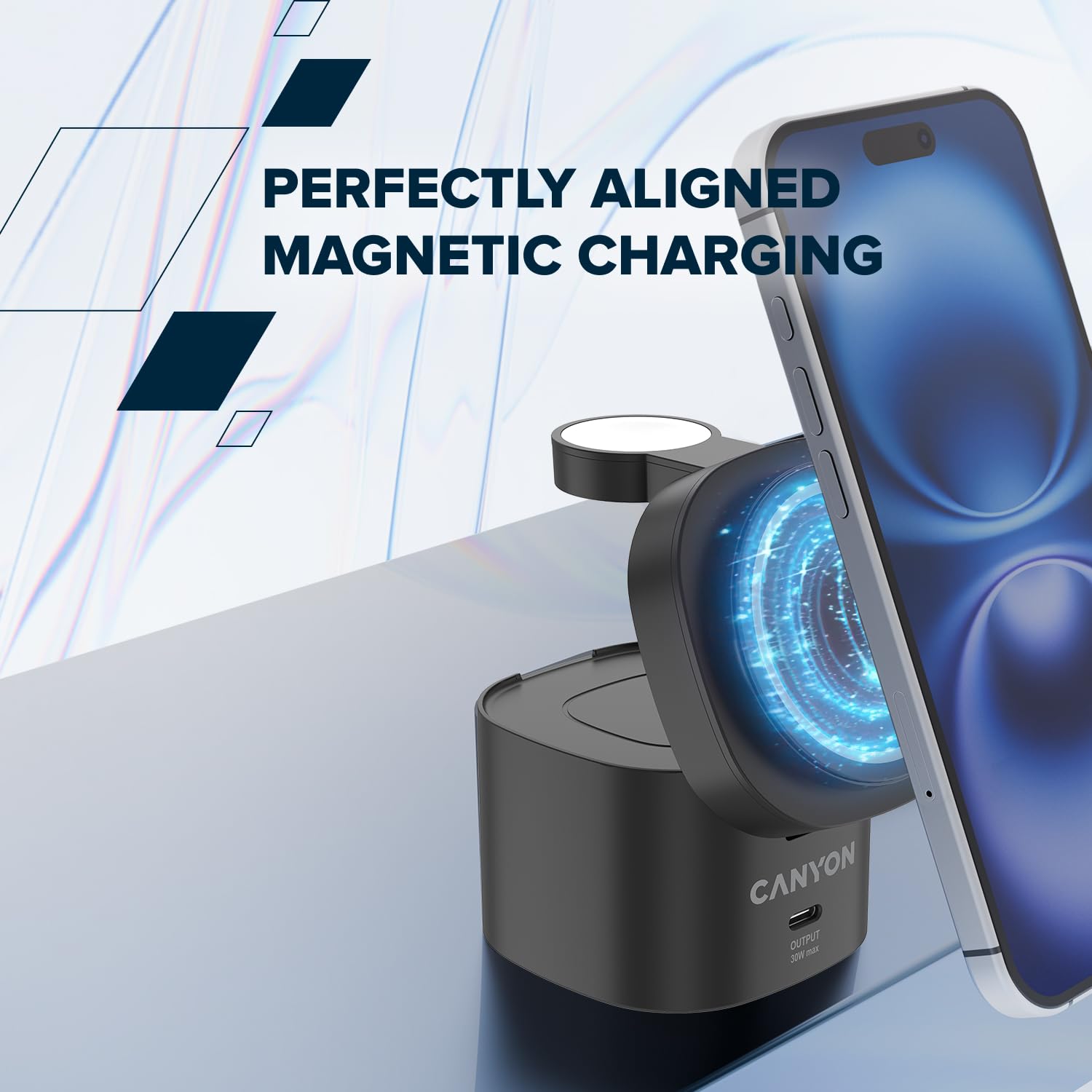 CANYON OnCharge 405 Qi2 bezprzewodowa podstawka ładująca 4 w 1, 15 W, magnetyczna szybka ładowarka do iPhone'a, Apple Watch i AirPods, złącze USB C 30 W, adapter PD 65 W, kolor czarny