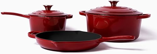 Larder &amp; Vine Juego de utensilios de cocina de hierro fundido esmaltado de 5 piezas, incluye horno holandés de 5.7 cuartos de galón y cacerola de