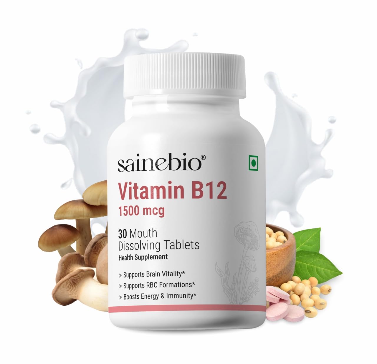 Sainebio Vitamin B12 1500mcg Methylcobalamin with L-Methylfolate, B6 & D3 | Energy, Nerve & Brain Support | Mouth Dissolving Tablets | Vegan & Fast Absorbing | Delicious Mango Flavor | 30 Tabs