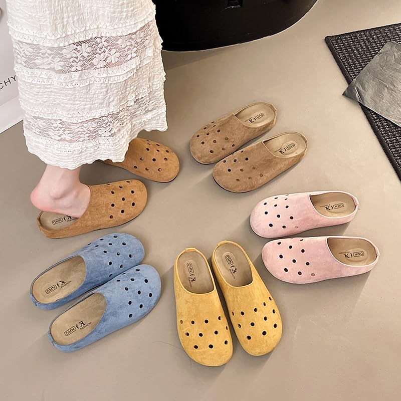 Suede comfort clogs with ventilation holes, indoor and outdoor house slippers, available in blue, yellow, brown, pink and khaki.2