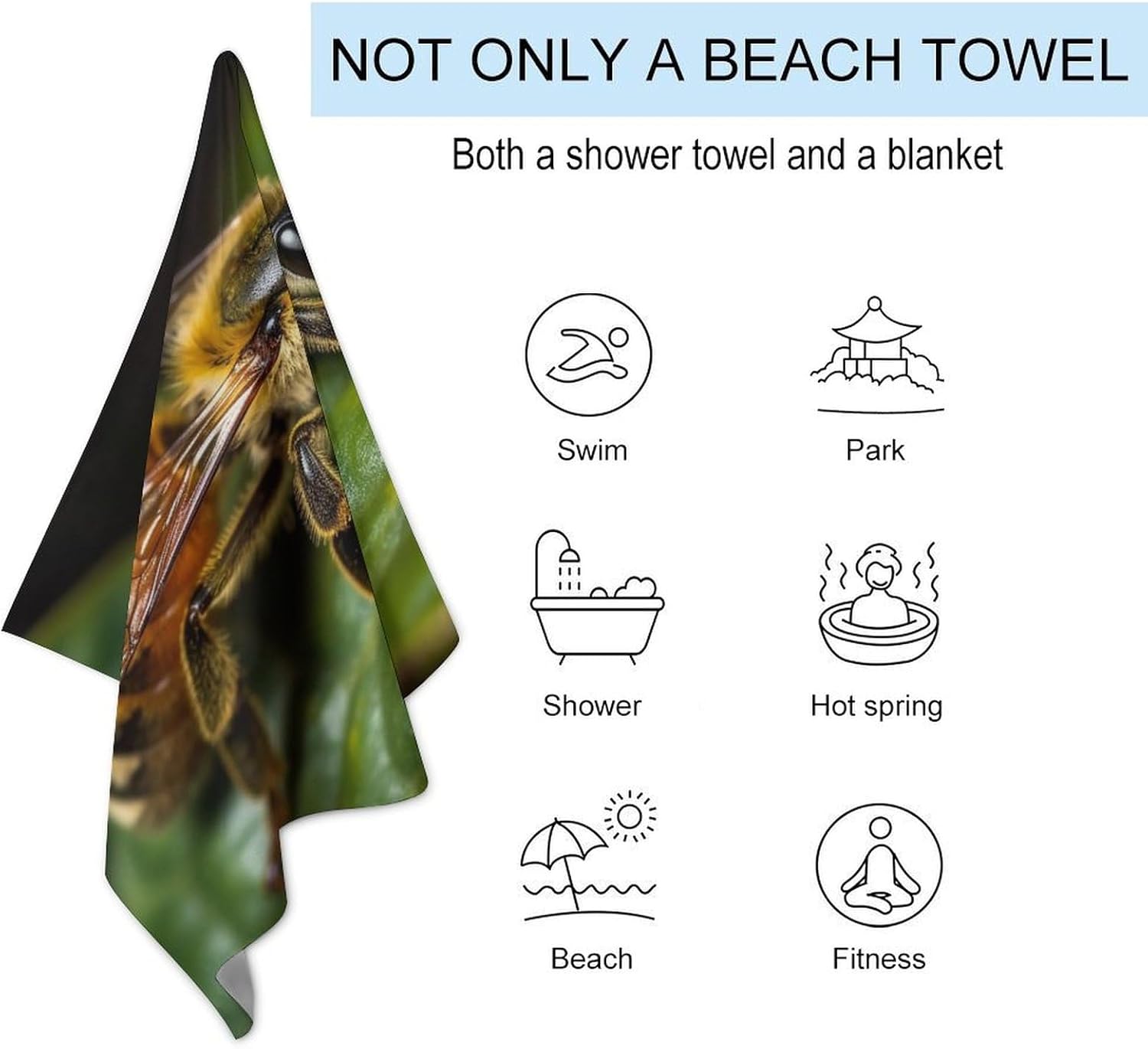 Swimming Towel, Bee on Leaf Printed Fashion Towel,Portable Towel,Durable Towel