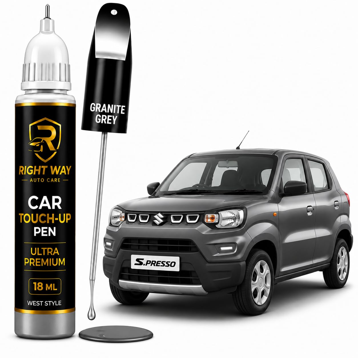 RIGHT WAY® Maruti Suzuki S-Presso Granite Grey (27G) Touch Up Paint Pen 18ml | OEM Factory Color Match | Car Scratch, Stone Chip & Bumper Scuff Repair | Quick-Dry High Gloss Finish | Rust Protection | DIY Automotive Paint-image-48