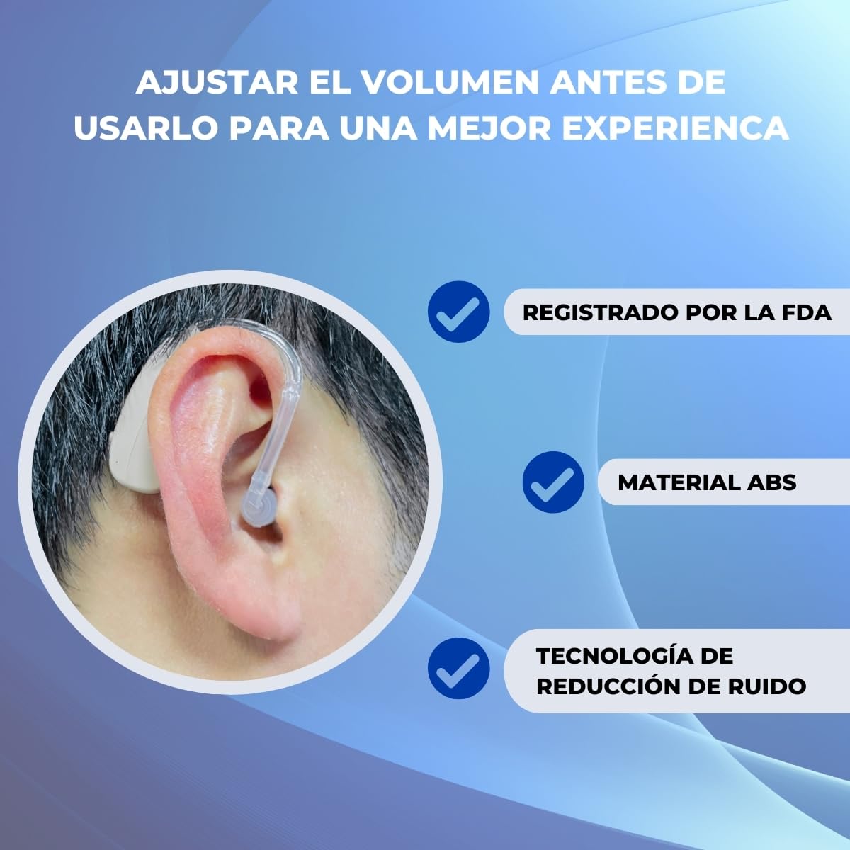 Mobiclinic®, Amplificador auditivo, Ear plus 1, Recargable, 5 niveles de volumen, Giro 360º para ambos oídos, 3 modos reducción ruido, Ligero y portátil, Incluye tapones recambios