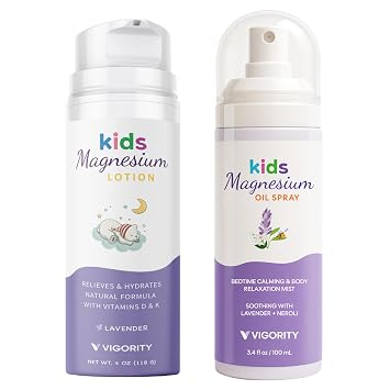 Vigority Magnesium Lotion with Magnesium Spray for Kids Bundle - Bedtime Calming Body Cream and Mist for Legs, Feet & Body - Topical Magnesium Soothing Relief & Aromatherapy for Relaxation & Comfort