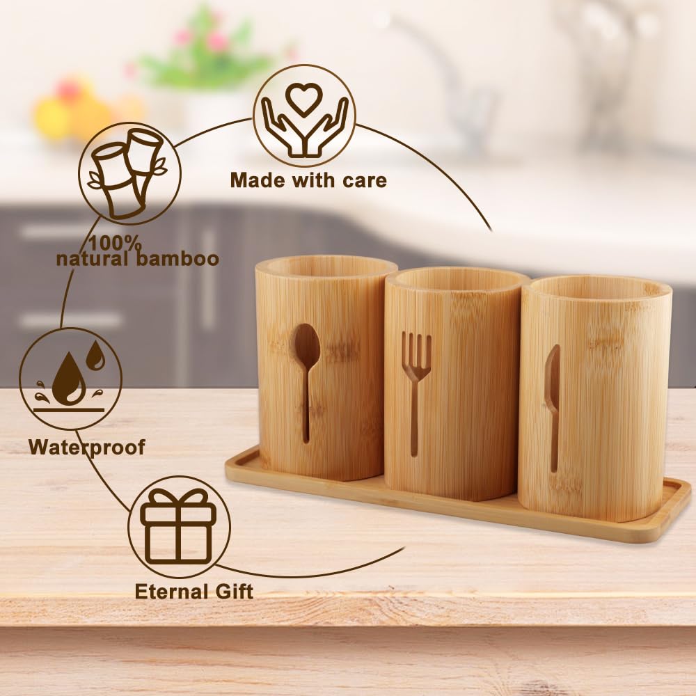 Porta-Utensili da Cucina, 3 Scomparti Per Utensili Da Cucina In Legno Portautensili in Bambù per Stoccaggio di Cucchiai, Forchette, Coltelli e Utensili da Cucin