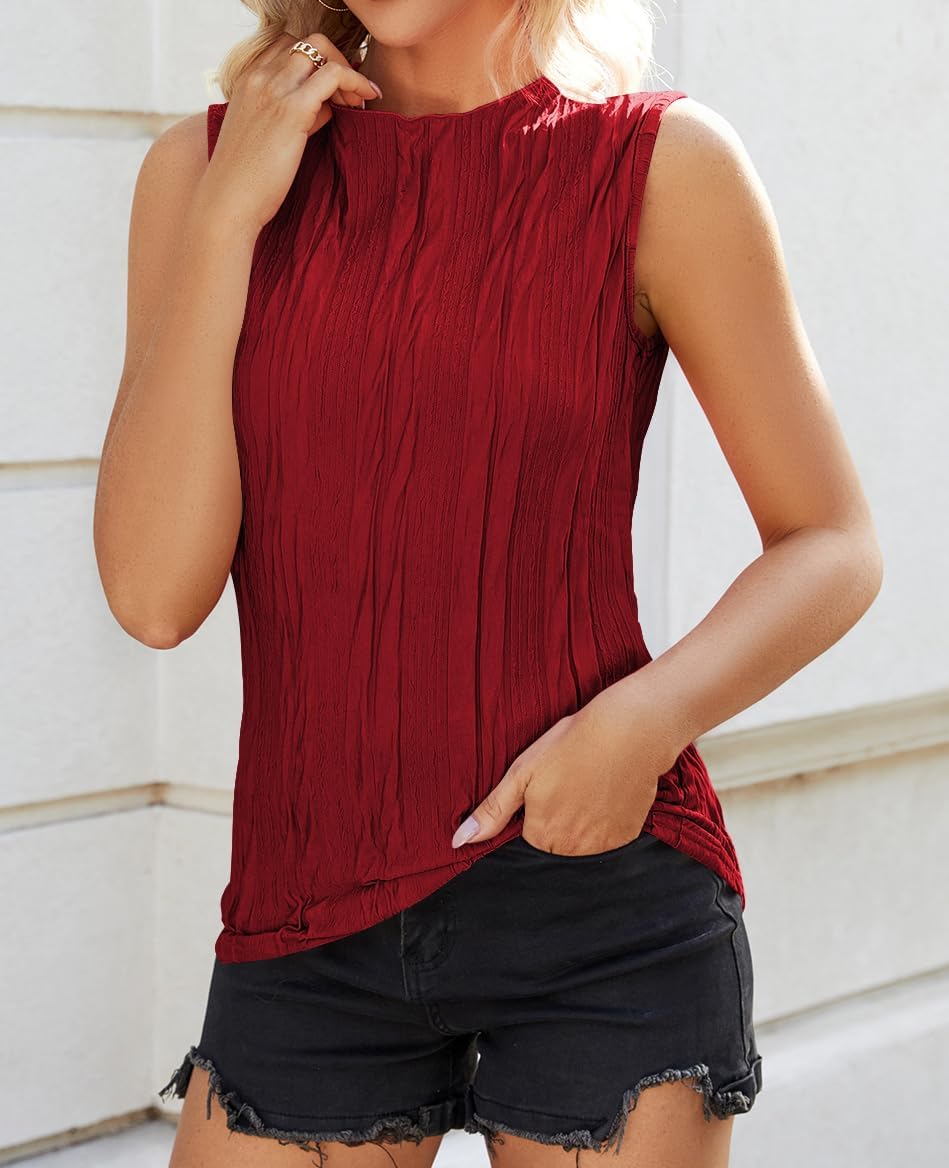 Poetsky Womens Summer Textured Tank Tops Sleeveless Mock Neck Tank Slim Fit Shirt Blouse - Image 4