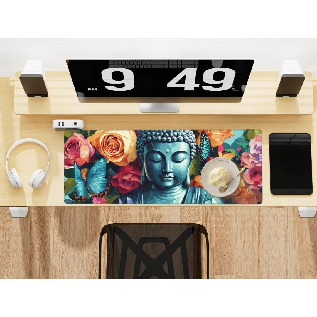Podkładka pod mysz Budda 140 x 60 cm, duża podkładka pod mysz, mata na biurko, wodoodporna podkładka pod mysz z motywem kwiatowym, Zen, XXL, gamingowa podkładka pod mysz z antypoślizgową gumową