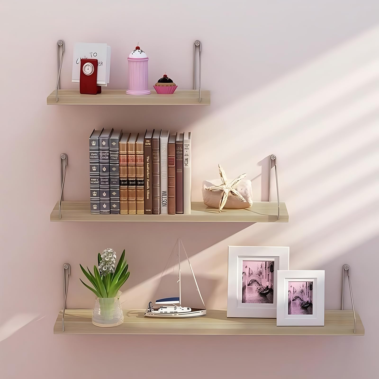 3-piece set Floating Shelves,Wall Mounted Rustic Wood Shelves,Floating Bookshelf with Metal Brackets for Bathroom,Bedroom,Living Room,Kitchen,Small Hanging Shelf for Storage/Room Decor (Wood color)