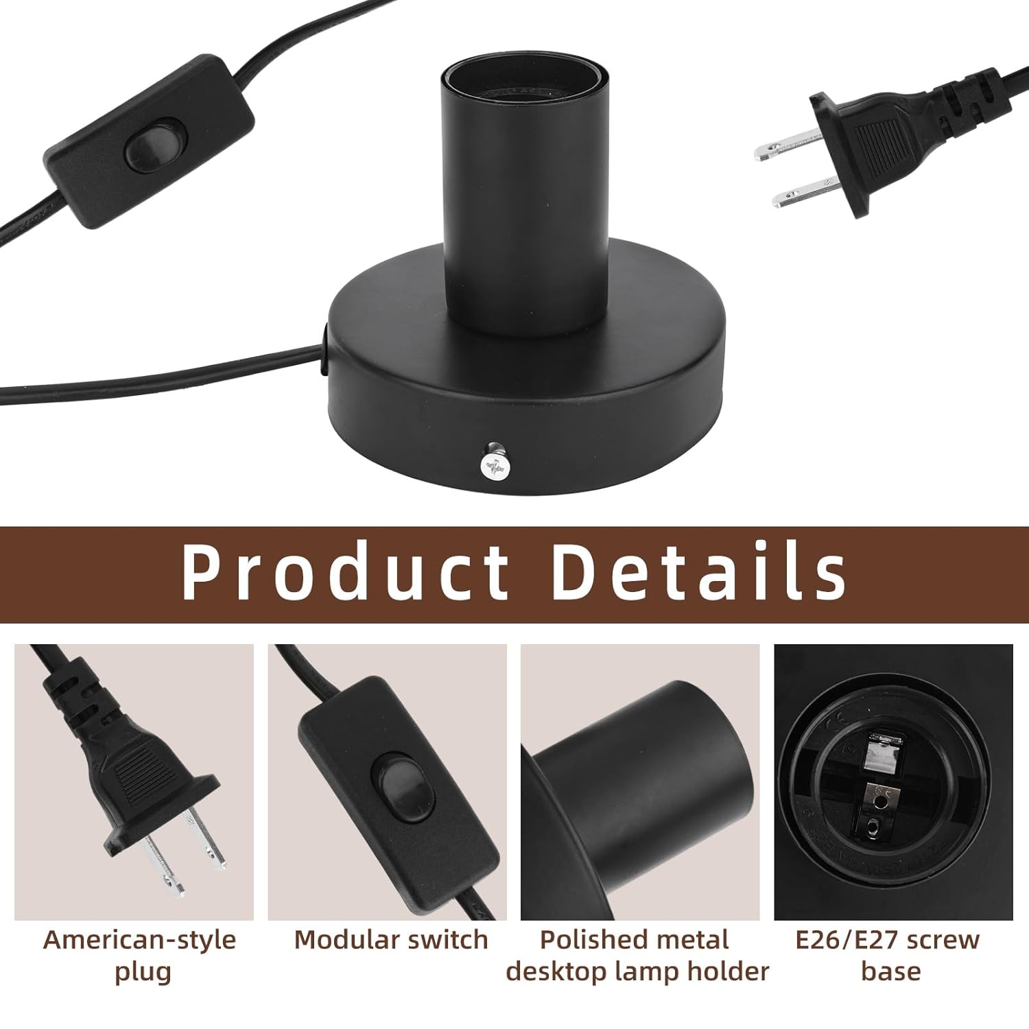 2pcs Polished Metal Desktop Lamp Base with E26/E27 Screw Socket, 1.8m/6ft Cord & On/Off Switch Plug Black Industrial Light Bulb Holder for Edison LED Vintage Bulbs
