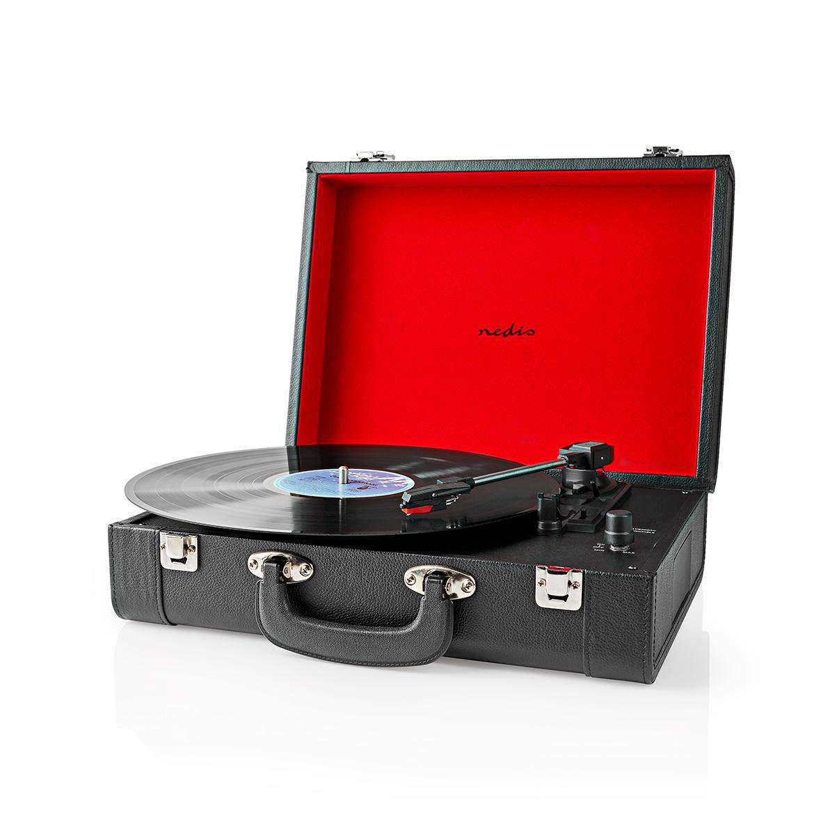 Giradischi - 33/45/78 giri/min - Trasmissione a cinghia - 1x Stereo RCA - 18 W - Amplificatore incorporato (anteriore) - MDF/PU - Rosso/Nero