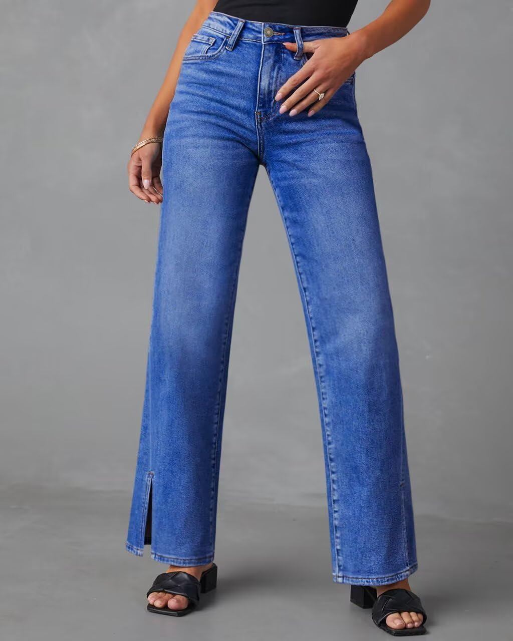 KDF Straight Leg Jeans for Women High Waisted Jeans Frayed Baggy Pants Raw Hem Loose Stretchy Cropped Wide Leg Jeans